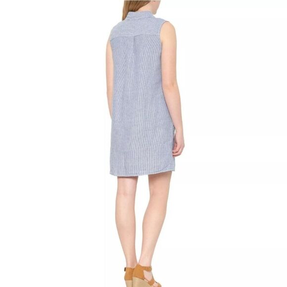 Tahari Striped Sleeveless Shirt Dress 100% Linen Pockets Blue White Medium - Picture 3 of 9